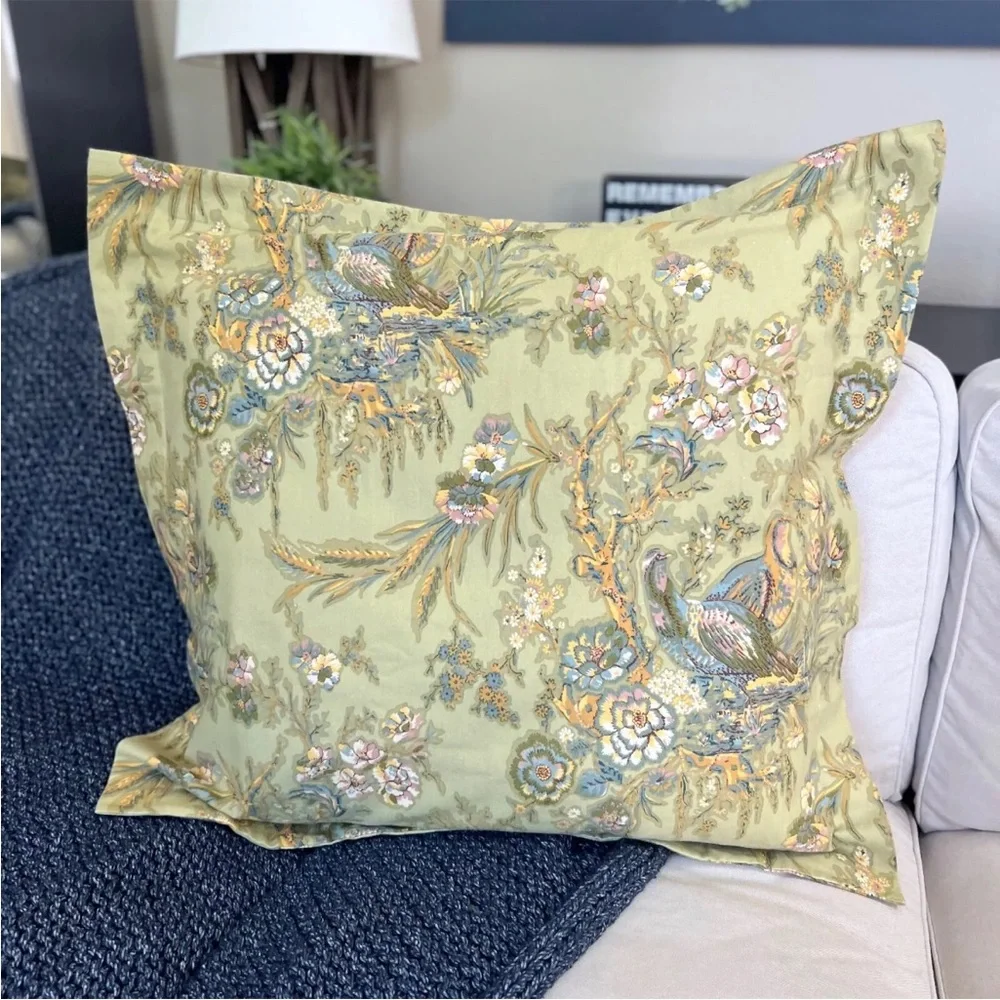 1 Pottery Barn EURO Pillow Sham Sage Green Pheasant Bird Floral FLANNEL Organic